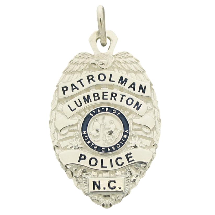 Custom Lumberton NC Police Patrolman badge pendant in sterling silver with enameled text.