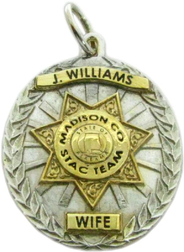 Madison County, Alabama AL Sheiff STAC Team custom badge charm pendant in 14k white gold with yellow gold plated ribbons and center detail