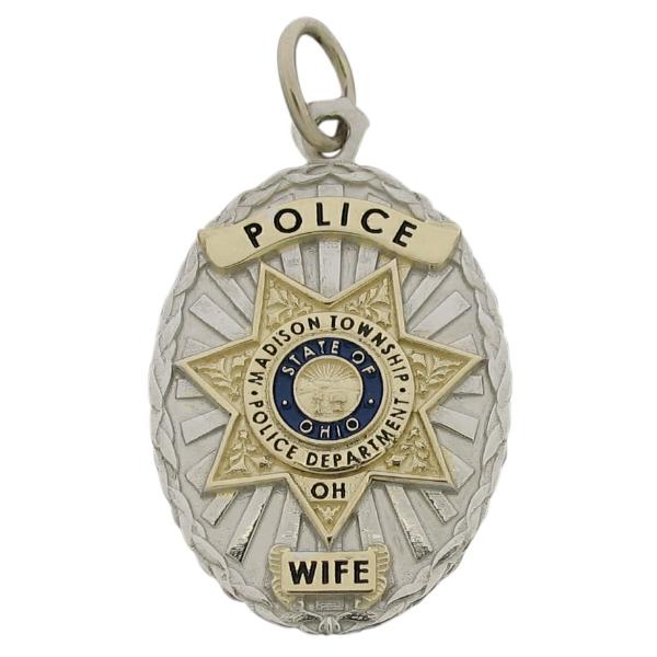 Custom Madison Twp. OH Police Officer badge pendant in two tone 10k gold with blue and black enamel.