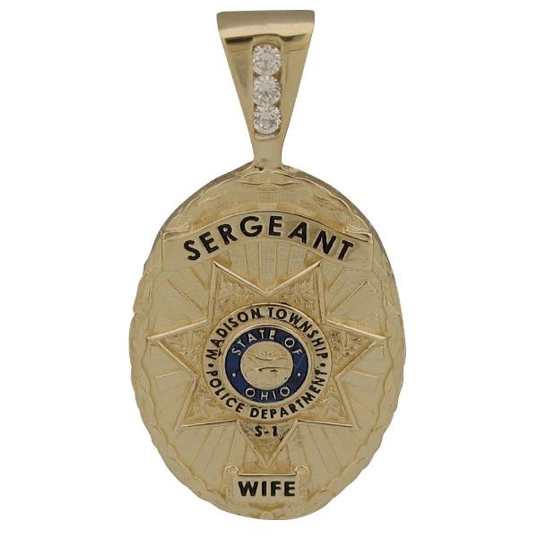 Custom Madison Township OH Police Sergeant badge pendant in 14k yellow gold with enamel, standing letter seal bezel, and optional 3-stone bail.