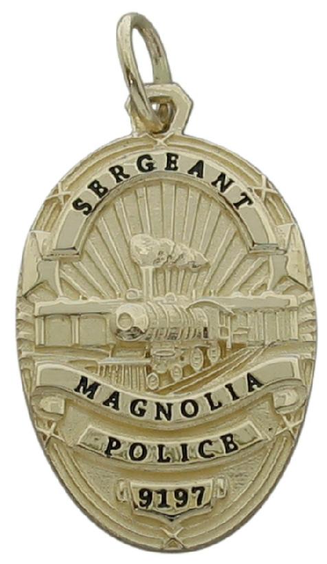 Custom Magnolia, TX Police Sergeant badge pendant in 14k yellow gold with black enamel text.