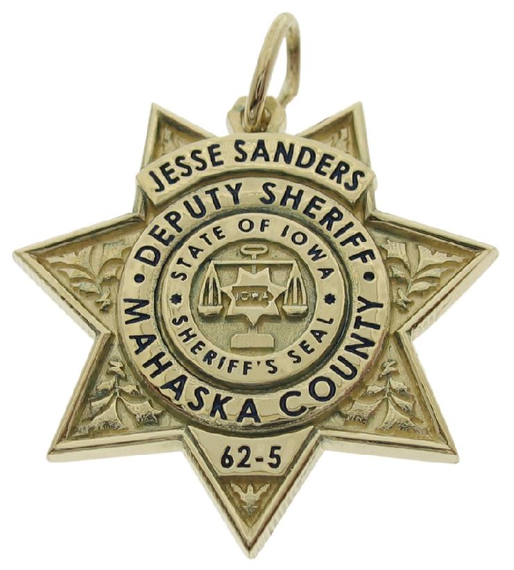 Custom Mahaska County IA Sheriff Deputy badge pendant in 10k yellow gold with black enamel.