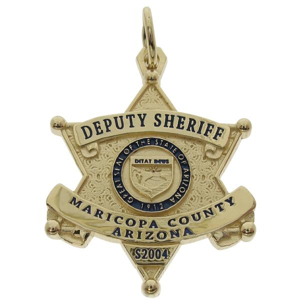 Custom Maricopa County AZ Sheriff Deputy badge pendant in 14k gold with optional standing letter detail and blue enamel.