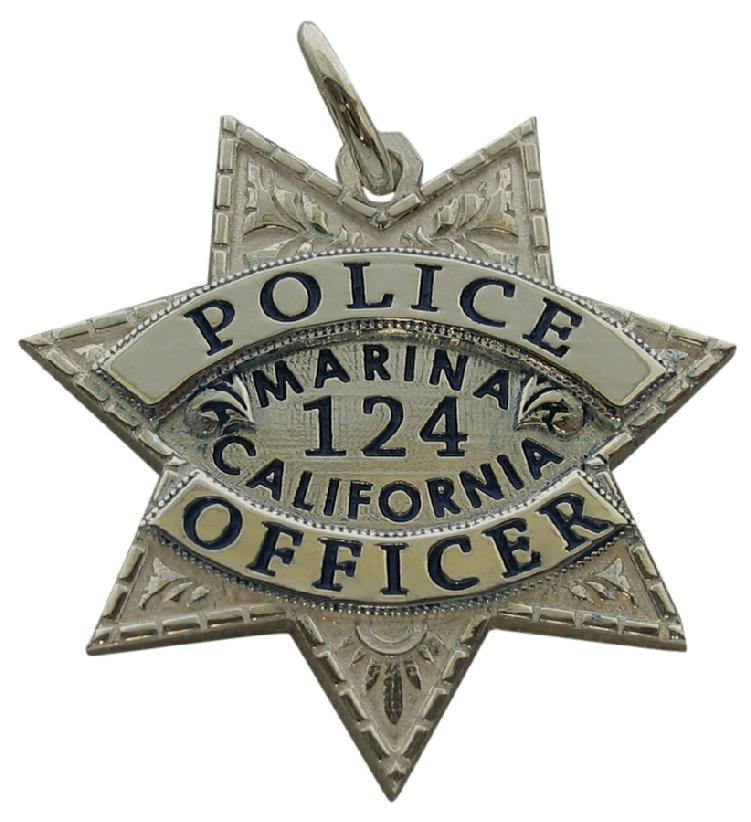 Custom Marina CA Police Officer badge pendant in sterling silver with blue enamel.