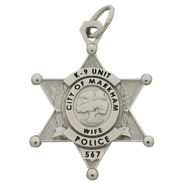 Custom Markham IL Police K9 Officer badge pendant in 10k white gold with black enamel.