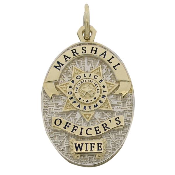 Custom Marshall TX Police Officer's Wife badge pendant in 10k gold with two tone finish and black enamel.