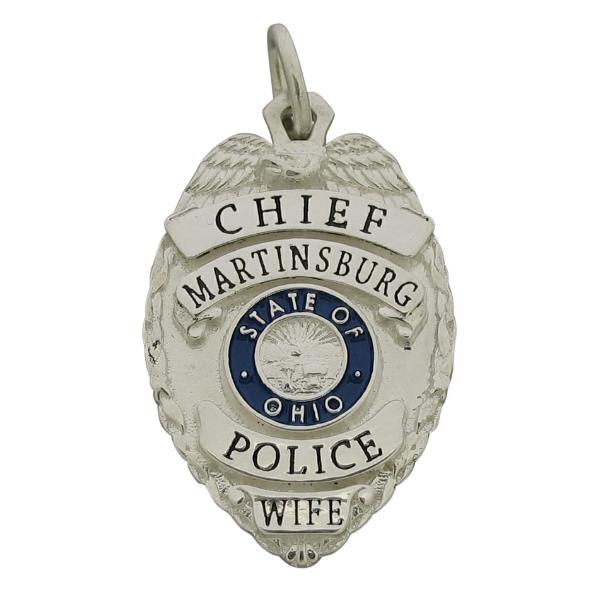 Custom Martinsburg OH Police Chief badge pendant in sterling silver with blue and black enamel.