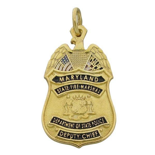 Custom Maryland State Fire Marshall Deputy Chief memorial badge pendant in gold plated sterling silver with enamel color highlights.