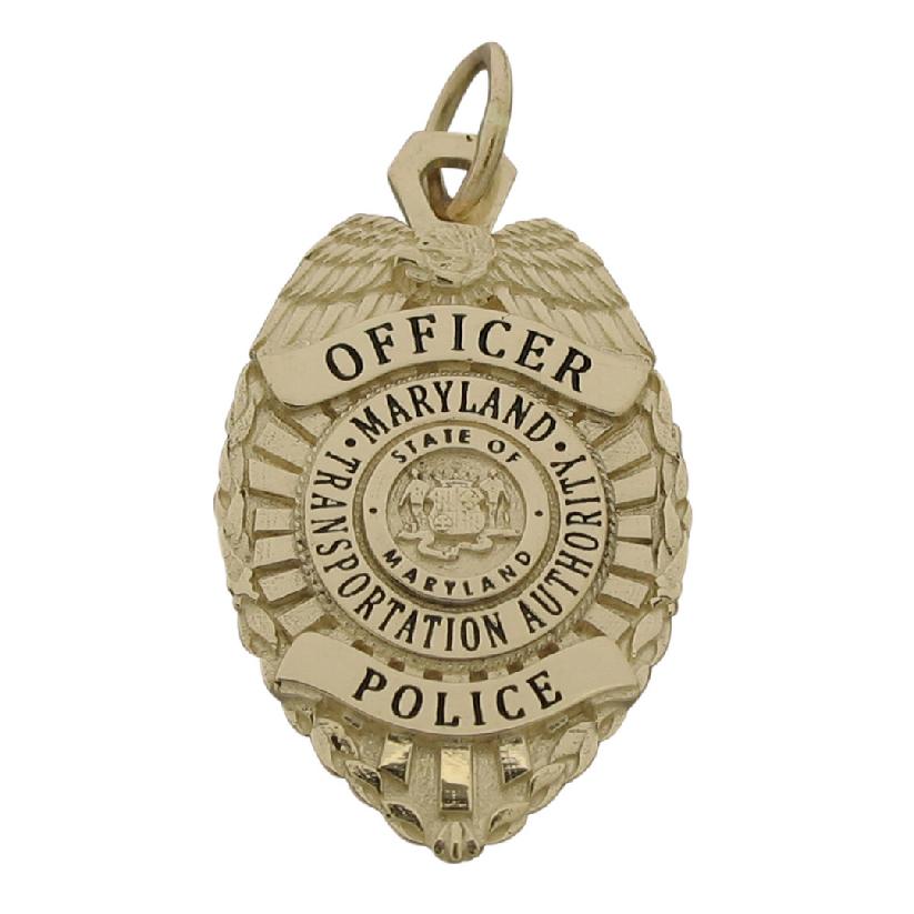 Custom Maryland Transportation Authority Police Officer badge pendant in 10k yellow gold with black enamel.