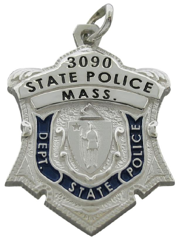 Custom Massachusetts State Police memorial badge pendant in sterling silver with blue enamel.