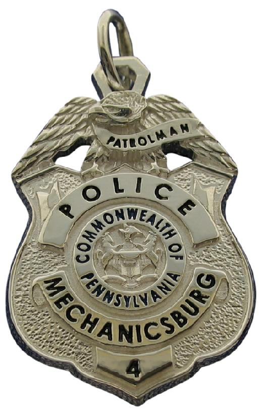 Custom Mechanicsburg PA Police Patrolman badge pendant in sterling silver with black enamel.