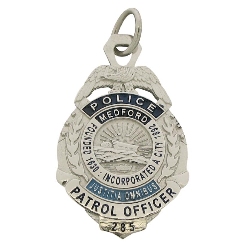 Custom Medford MA Police Patrol Officer badge pendant in 10k white gold with blue and black enamel.