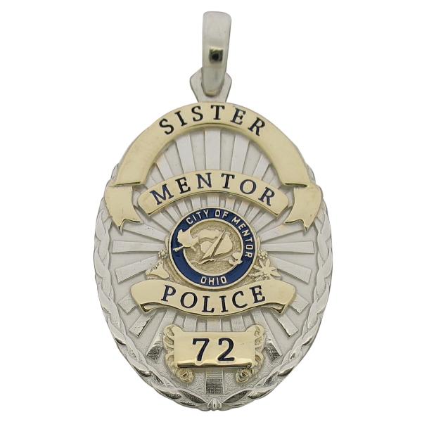 Custom Mentor OH Police Officer memorial badge pendant in 10k yellow gold with rhodium plate two tone, blue and black enamel, heavy loop bail.