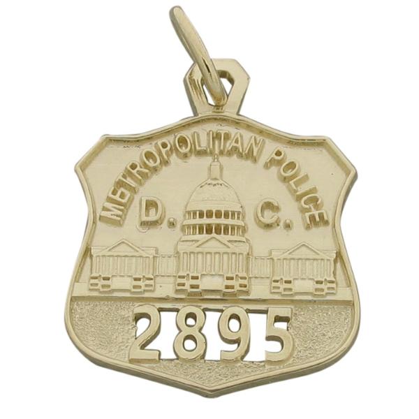 Custom Metropolitan Police of District of Columbia badge pendant in 10k yellow gold with raised text and cutout badge number.