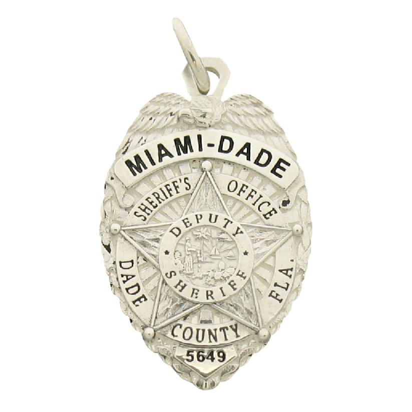 Custom Miama-Dade FL Sheriff's Deputy badge pendant in sterling silver with black enamel.