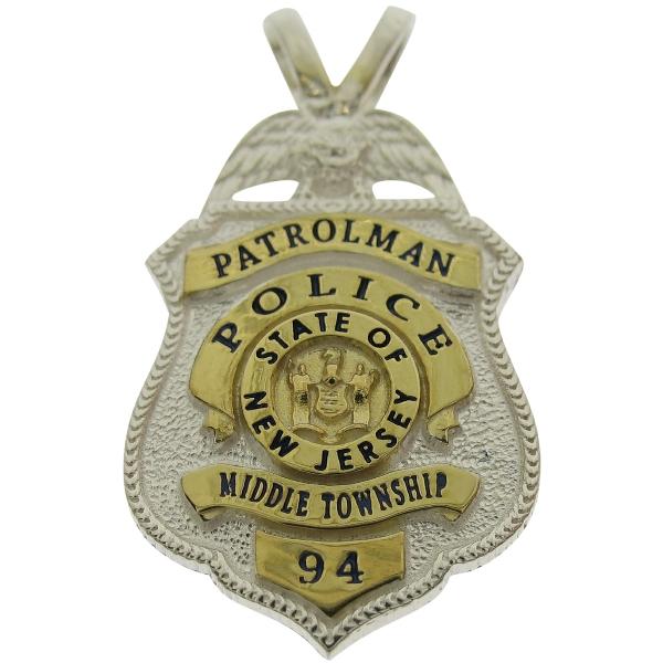 Custom Middle Township NJ Police Patrolman badge pendant in sterling silver with gold plated detail and black enamel text.