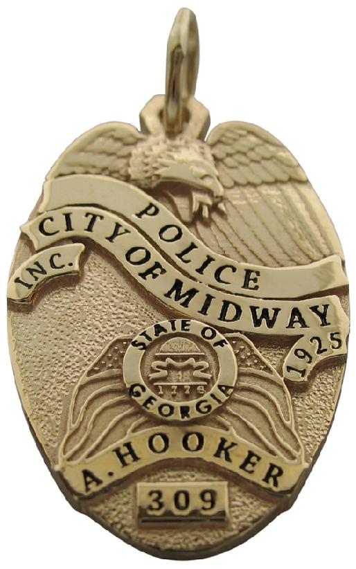 Custom Midway GA Police Officer badge pendant in 14k yellow gold with black enamel text.