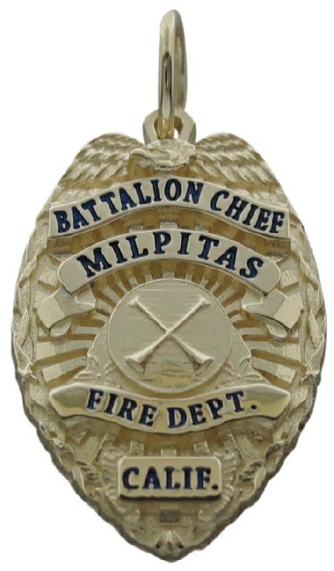 Custom Milpitas. CA Fire Battalion Chief badge pendant in 14k yellow gold with crossed bugle center and black enamel.