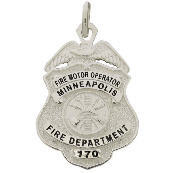 Custom Minneapolis MN Fire Department Fire Motor Operator badge pendant in sterling silver with black enamel.