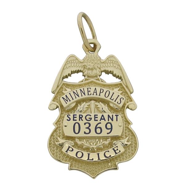 Custom Minneapolis MN Police Sergeant badge pendant in 10k yellow gold with enamel text.