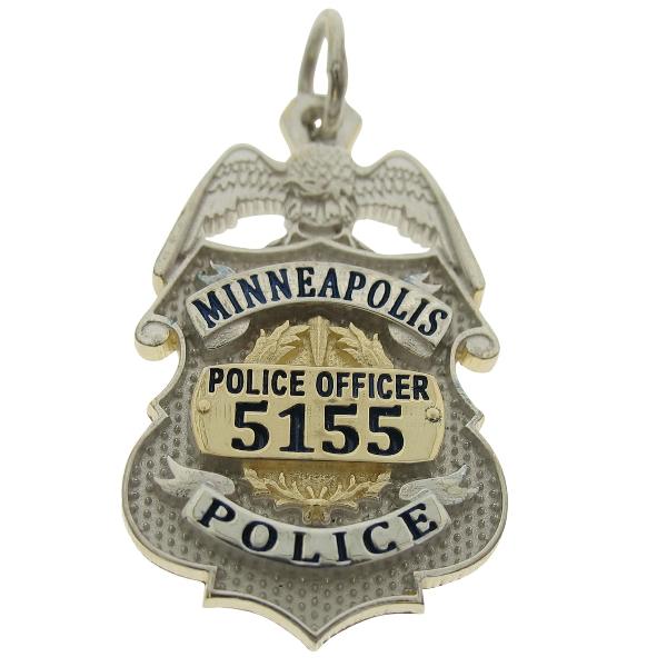 Custom Minneapolis MN Police Officer badge pendant in 10k yellow gold with rhodium plated two tone finish and black enamel.