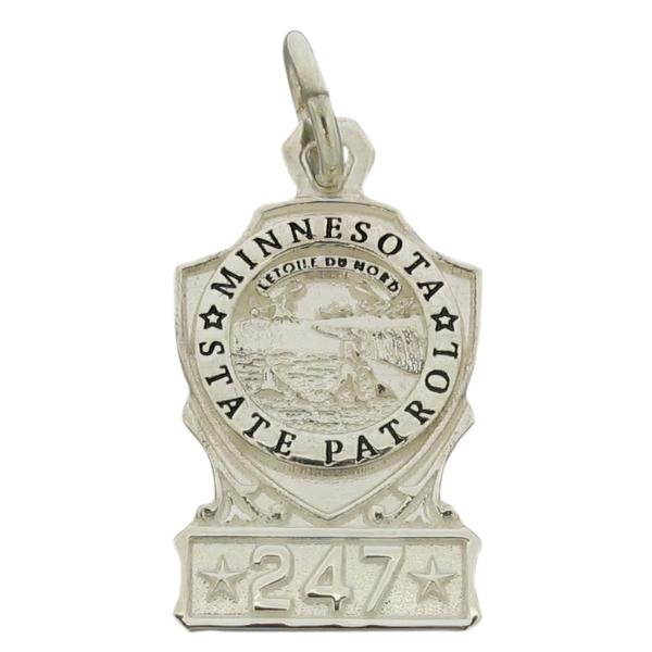 Custom Minnesota State Police Trooper badge pendant in sterling silver with black enamel.