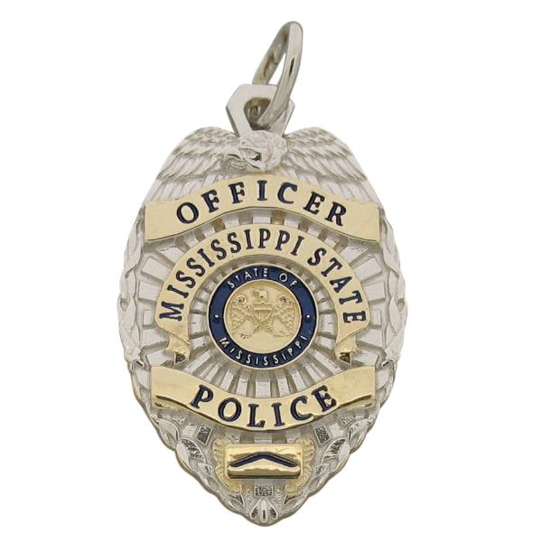 Custom Mississippi State University Police Officer badge pendant in 14k two tone with enamel and standing letter seal bezel.
