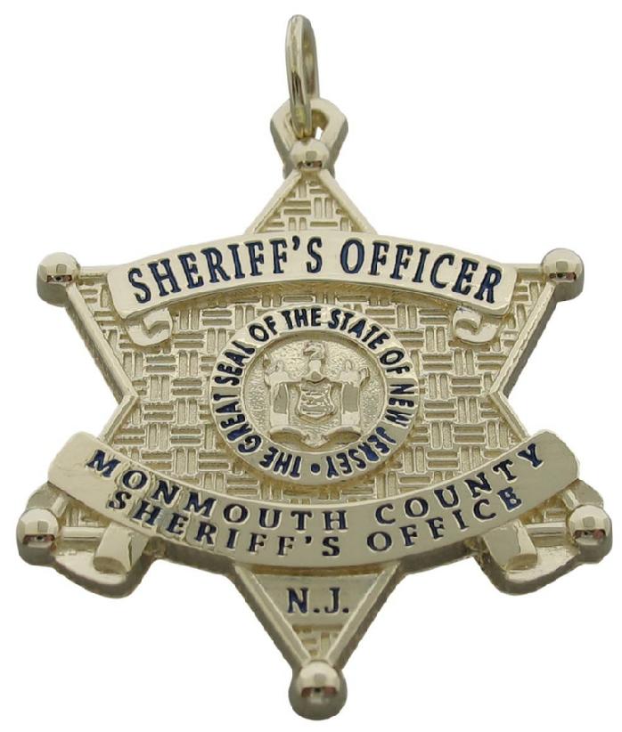 Custom Monmouth County, NJ Sheriff's Officer badge pendant in 14k yellow gold with blue enamel text.