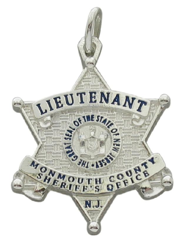 Custom Monmouth County, NJ Sheriff's Lieutenant badge pendant in sterling silver with blue enamel text.