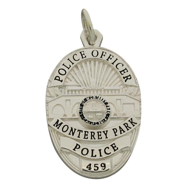 Custom Monterey Park CA Police Officer badge pendant in sterling silver with black enamel.