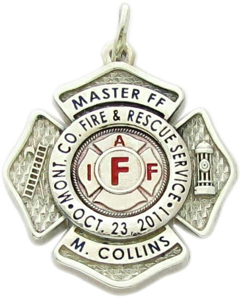 Custom Montgomery County Fire & Rescue Master Firefighter pendant in sterling silver.