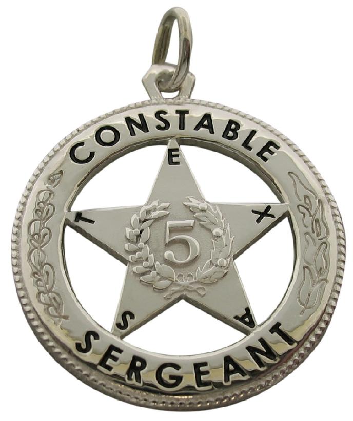 Custom Montgomery County TX Precinct 5 Constable Sergeant badge pendant in sterling silver with black text.