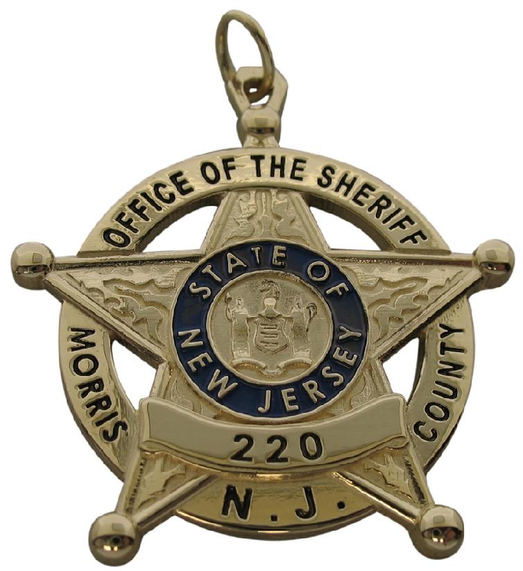 Custom Morris County NJ Sheriff Deputy badge pendant in 14k yellow gold with optional standing letter detail and blue enamel text.