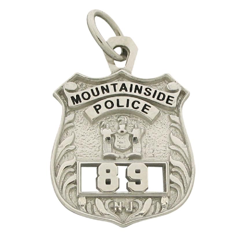 Custom Mountainside NJ Police Officer badge pendant in 14k white gold with black enamel text and cutout badge numbers.