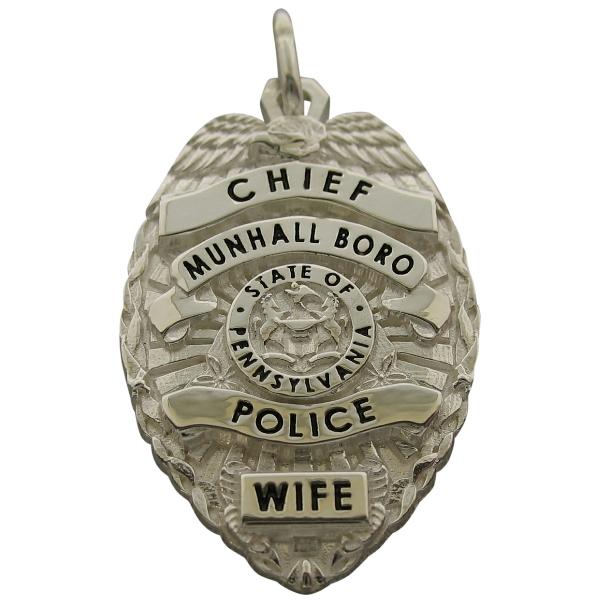 Custom Munhall Boro Police Chief badge pendant in sterling silver with black enamel text.