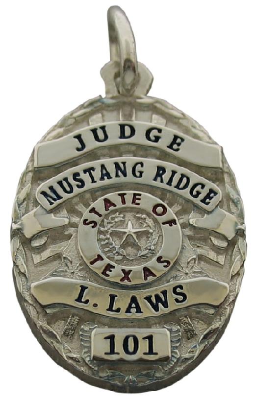 Custom Mustang Ridge TX Judge badge pendant in sterling silver with black and red enamel text.