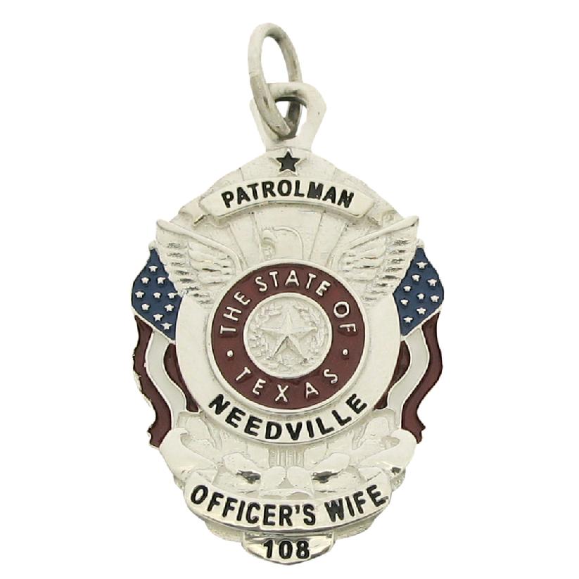Custom Needville TX Police Officer badge pendant in sterling silver with red, white, blue, and black enamel.