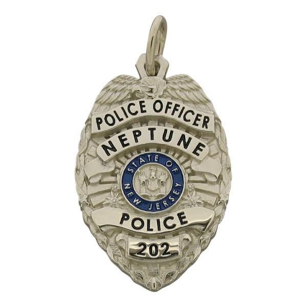 Custom Neptune NJ Police Officer badge pendant in 10k white gold with black and blue enamel and standing letter seal bezel.