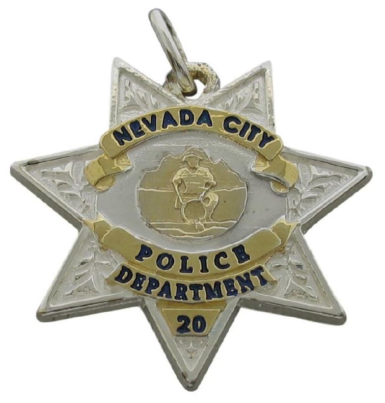 Custom Nevada City, CA Police badge pendant in two tone gold plated sterling silver with blue enamel text.