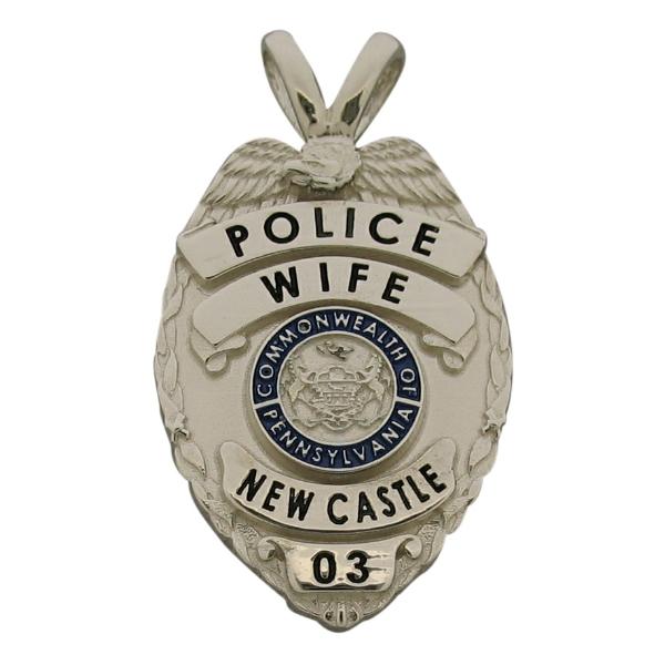 Custom New Castle PA Police Officer badge pendant in 10k white gold with optional 'Y' bail and blue and black enamel.