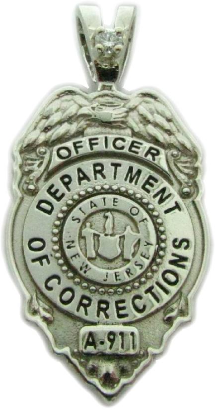 NJDOC New Jersey Department of Corrections Officer custom badge pendant in 14k white gold with optional diamond bail