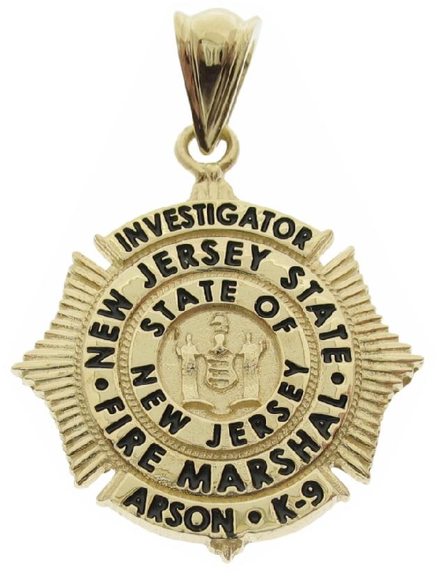 Custom New Jersey State Fire Marshal Investigator badge pendant in 14k yellow gold with domed 'Y' bail and black enamel.