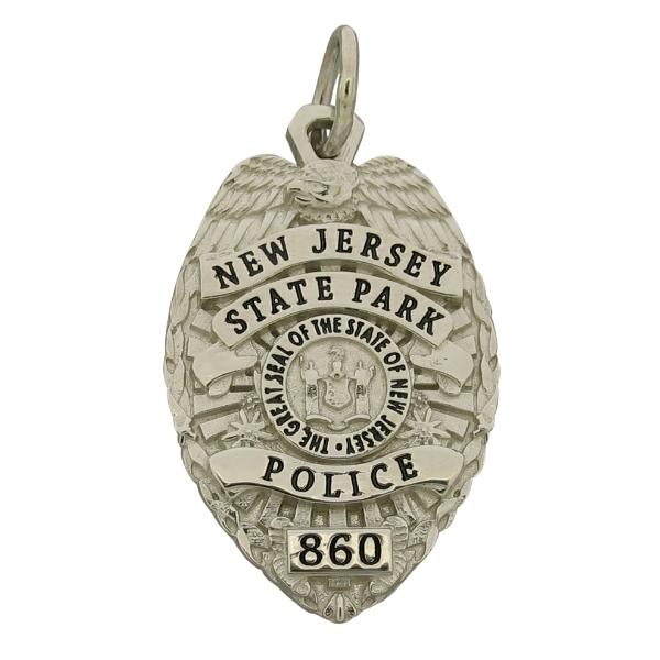 Custom New Jersey State Park Police Officer badge pendant in 10k white gold with black enamel.