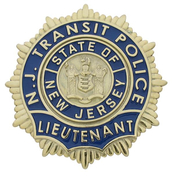 Custom New Jersey Transit Police Lieutenant full size badge in sterling silver with a gold plated finish and blue enamel.