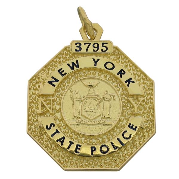 Custom New York State Police badge memorial pendant in sterling silver with a gold plated finish and black enamel.
