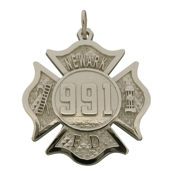 Custom Newark NJ Firefighter badge pendant in 10k white gold.