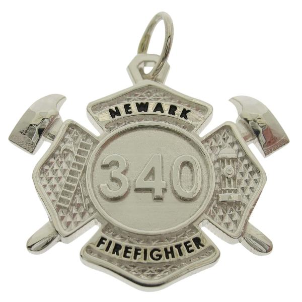 Custom Newark Firefighter Maltese Cross badge pendant with crossed axes and black enamel.