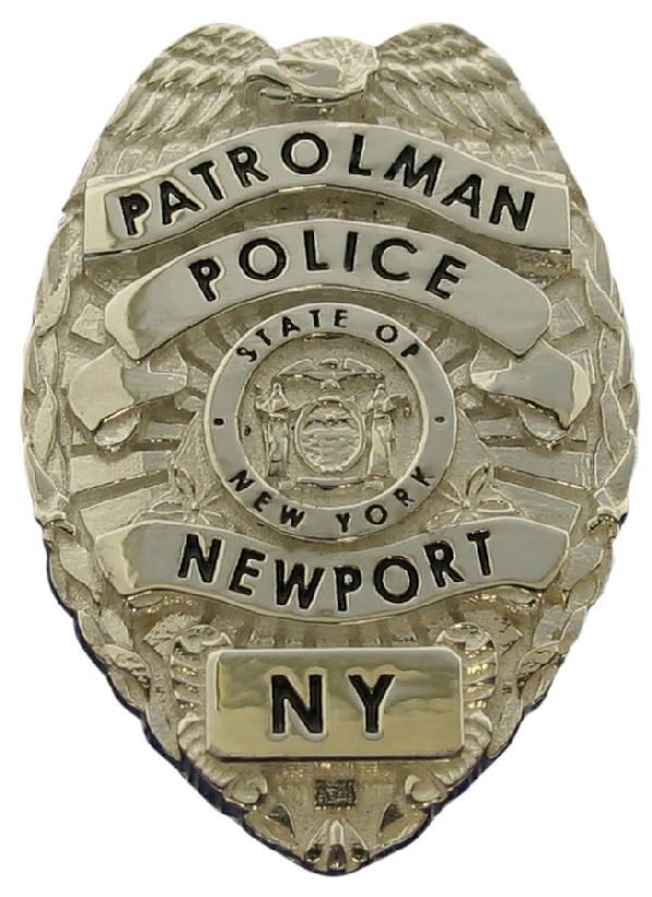 Custom Newport NY Police Patrolman badge lapel pin in sterling silver with black enamel text.