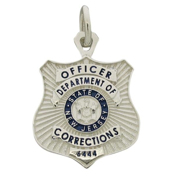 Custom New Jersey Department of Corrections (DOC) Officer badge pendant in sterling silver with blue enamel.