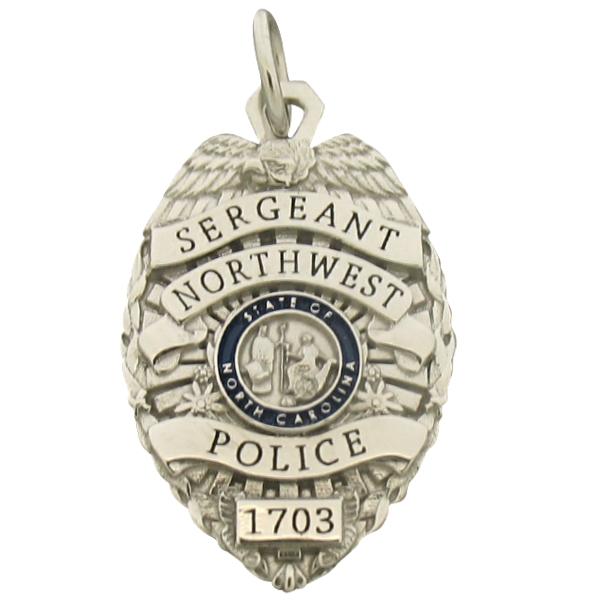 Custom Northwest Police (NC) Sergeant badge pendant in 14k white gold with enamel highlights.